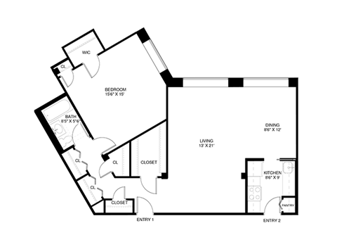 1 bedroom 1 bathroom Floor plan K at Wellington Apartments, Arlington, Virginia