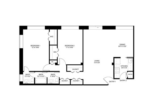 2 bedroom 1.5 bathroom floor plan A at Wellington Apartments, Arlington, VA, 22204