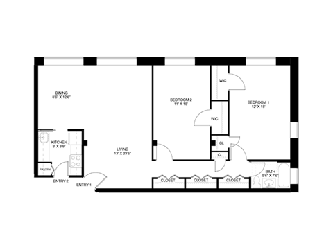 2 bedroom 1 bathroom floor plan at Wellington Apartments, Arlington, VA, 22204