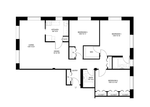 3 bedroom 2 bathroom Floor plan A at Wellington Apartments, Arlington