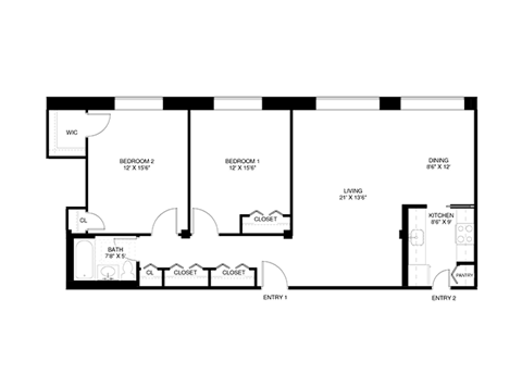 2 bedroom 1 bathroom floor plan E at Wellington Apartments, Virginia, 22204