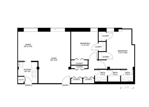 2 bedroom 1 bathroom floor plan C at Wellington Apartments, Arlington, VA, 22204