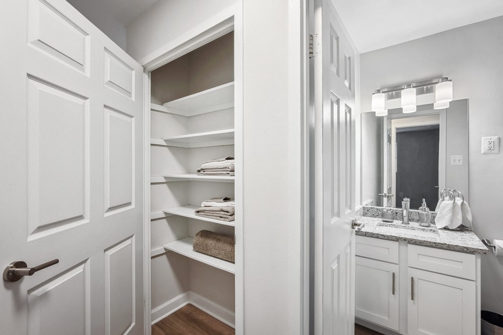 Closet & bathroom at Roosevelt Towers Apartments, Falls Church, Virginia