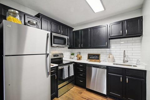 Renovated Kitchen with stainless steel appliances and quartz countertops at Elme Druid Hills, Atlanta, Georgia