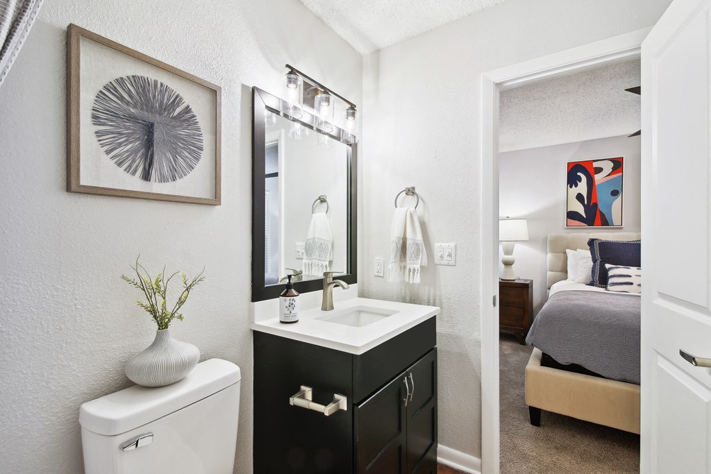 Renovated bathroom with updated vanity at Elme Druid Hills, Atlanta, Georgia
