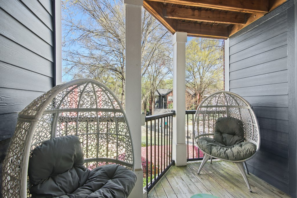 Balcony two chairs on a balcony at Elme Druid Hills, Atlanta, Georgia