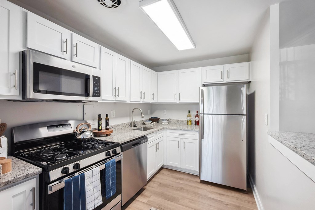 Renovated Kitchen with stainless steel appliances and granite countertops at Roosevelt Towers, Falls Church, VA