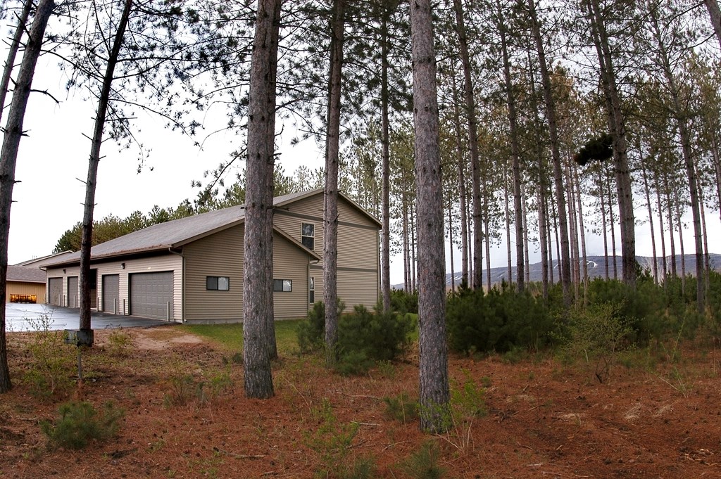 A house is surrounded by tall trees.