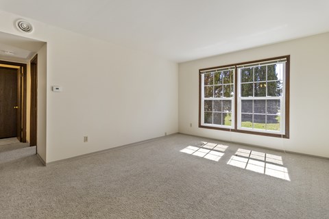 A room with a carpeted floor, a window, and a door.