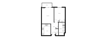 A floor plan of a house with a living room, kitchen, bathroom, and bedroom.