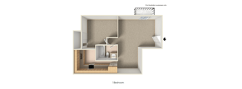 A 3D ink drawing of a bedroom with a bed, desk, chair, and wardrobe.