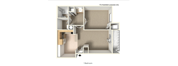 A 3D floor plan of a one bedroom apartment.