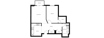 A floor plan of a house with a living room, bedroom, kitchen, and bathrooms.