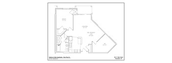 Floor plan of apartment showing a bedroom, living room, and kitchen.