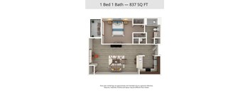 A floor plan of a 1 Bed 1 Bath apartment is 837 square feet.