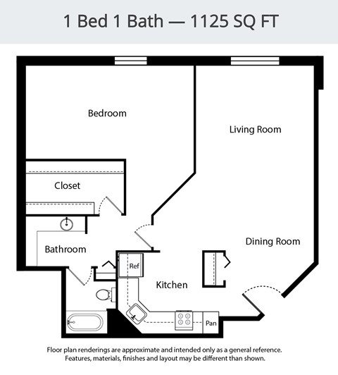A floor plan of a 1 Bed 1 Bath apartment sized at 1125 square feet.