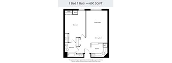 A floor plan of a 1 Bed 1 Bath apartment sized at 690 square feet.