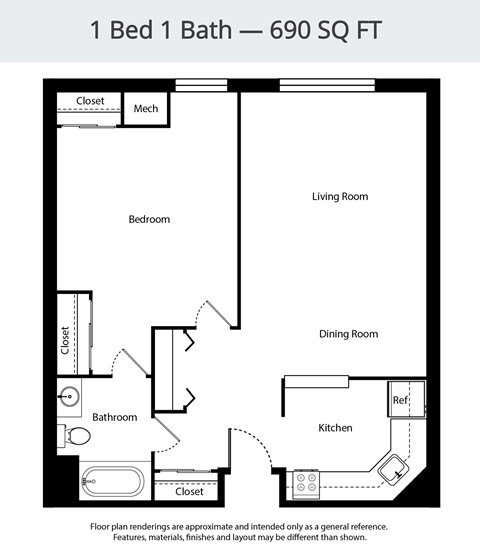 A floor plan of a 1 Bed 1 Bath apartment sized at 690 square feet.