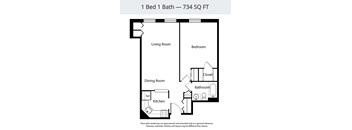 A floor plan of a 1 bedroom, 1 bathroom apartment that is 734 square feet.