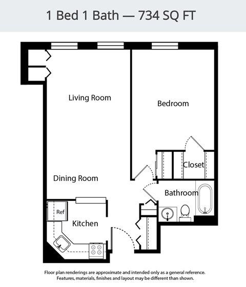 A floor plan of a 1 bedroom, 1 bathroom apartment that is 734 square feet.