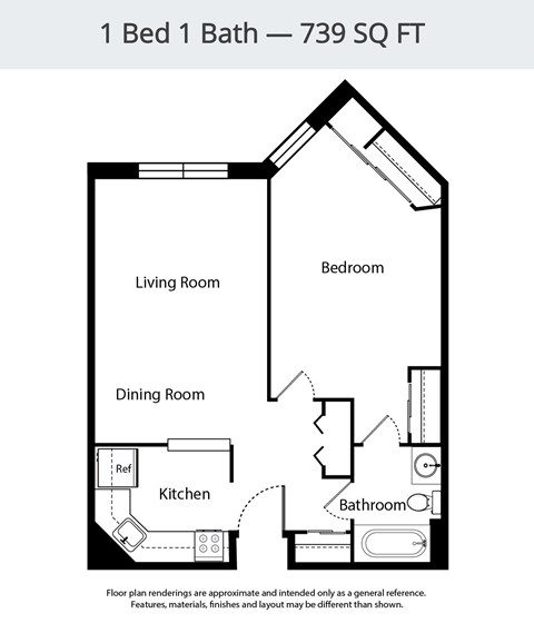 A floor plan of a 1 Bed 1 Bath apartment is 739 square feet.