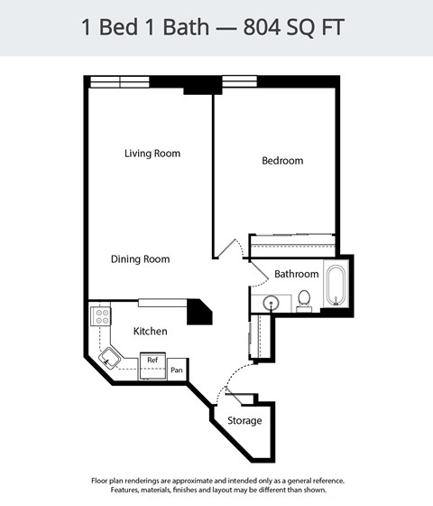 A floor plan of a 1 Bed 1 Bath apartment is 804 square feet.