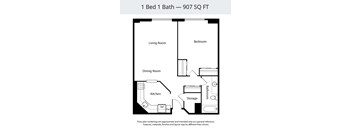 A floor plan of a 1 bedroom, 1 bathroom apartment that is 907 square feet.