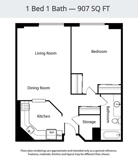 A floor plan of a 1 bedroom, 1 bathroom apartment that is 907 square feet.