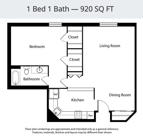 A floor plan for a 1 Bed 1 Bath - 920 SQ FT apartment.