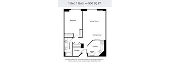 A floor plan of a 950 square foot one bedroom apartment.