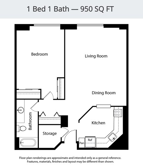 A floor plan of a 950 square foot one bedroom apartment.