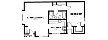 A black and white image of a floor plan for a small apartment.