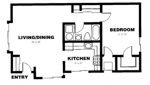 A black and white image of a floor plan for a small apartment.