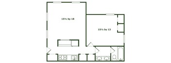 A floor plan of a room with dimensions 15 1/2 by 18 and 15 1/2 by 13.