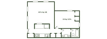 A floor plan of a room with dimensions 15 1/2 by 18 and 15 by 12 3/4.