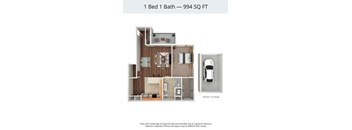 A drawing of a 1 Bed 1 Bath apartment with a garage.