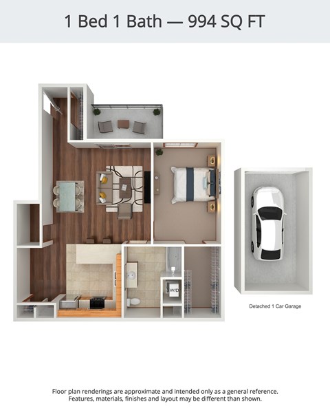 A drawing of a 1 Bed 1 Bath apartment with a garage.