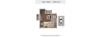 A floor plan of a 1 Bed 1 Bath apartment is shown.