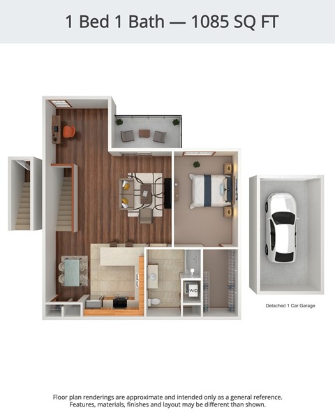 A floor plan of a 1 Bed 1 Bath apartment is shown.
