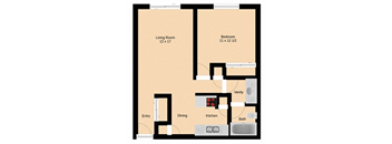 A floor plan of a small apartment with a living room, dining area, kitchen, bathroom, and two bedrooms.