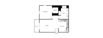 A black and white floor plan of a house with a bedroom, bathroom, kitchen, living room, and pantry.