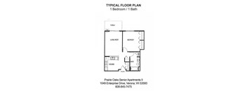 A floor plan for a 1 bedroom/1 bath apartment at Prairie Oaks Seniors Apartments II.
