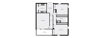 A black and white image of a floor plan for a house with a kitchen, living room, dining room, and two bedrooms.