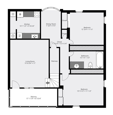 A black and white image of a floor plan for a house with a kitchen, living room, dining room, and two bedrooms.