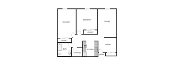 A floor plan of a house with three bedrooms, a living room, a dining room, a kitchen, a bathroom, and storage.