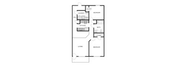 A floor plan of a small apartment with a living room, kitchen, bathroom, and two bedrooms.