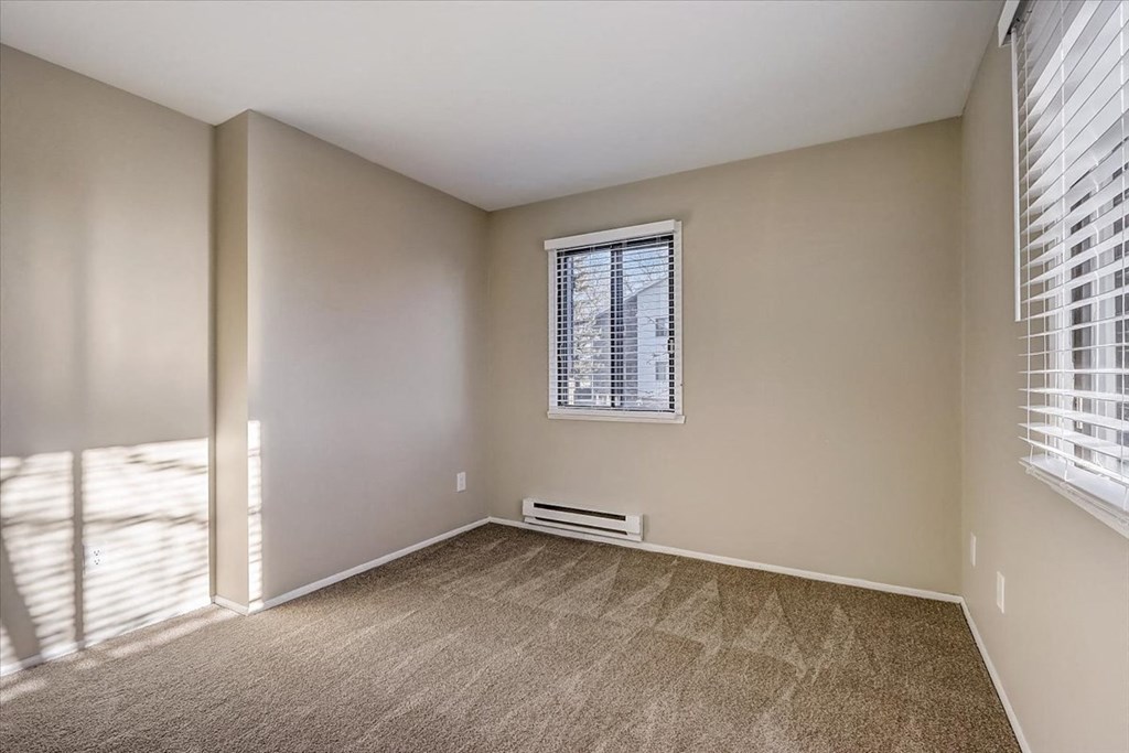 an empty living room with two windows and a carpet