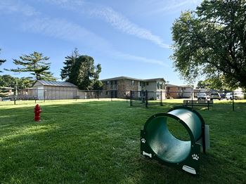 A playground with a green tunnel and a red fire hydrant in a grassy area.