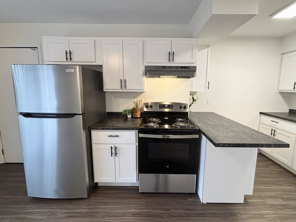 A kitchen with a stove, refrigerator, and cabinets.