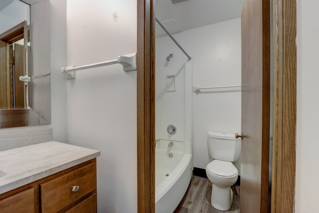a bathroom with a bathtub and a toilet